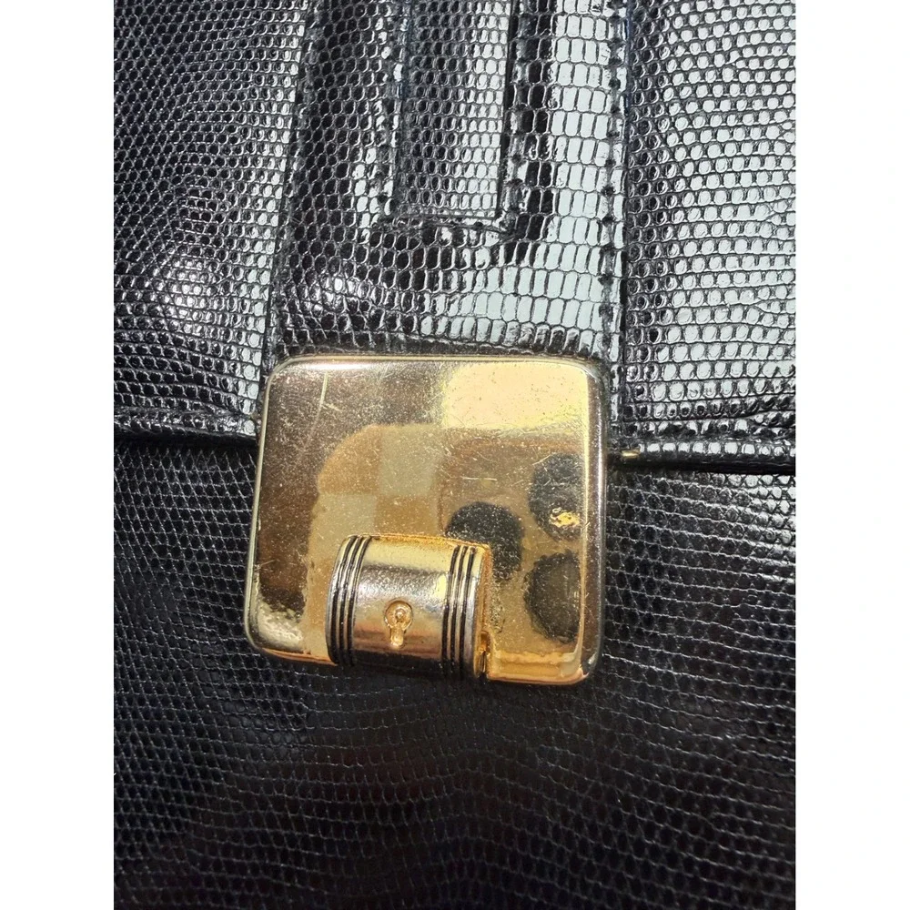 Vintage Black‎ Lizard Embossed Leather Top Handle Strap Purse Bag Gold Hardware